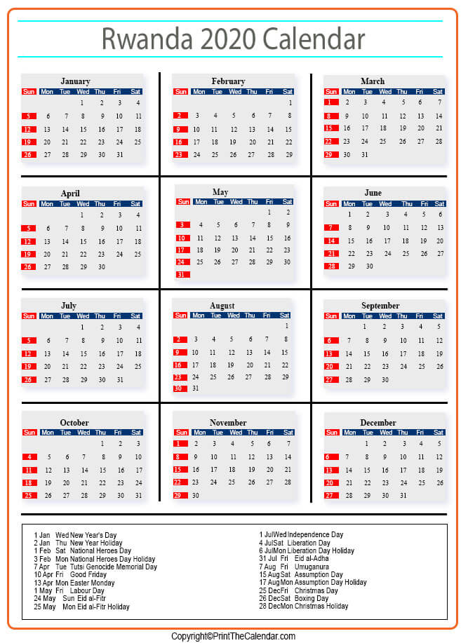 Rwanda Calendar 2020